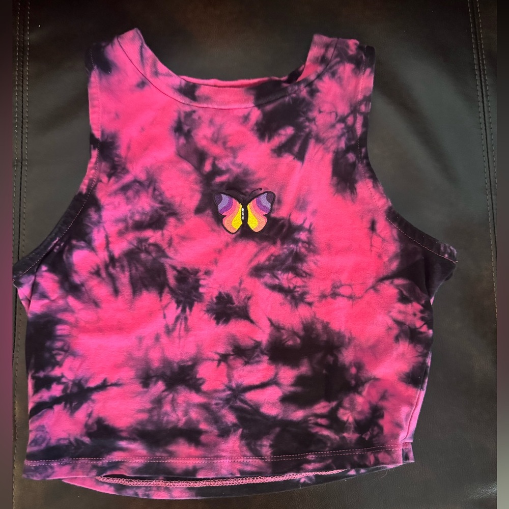 Vibrant Tie-Dye Crop Top with Butterfly Accent